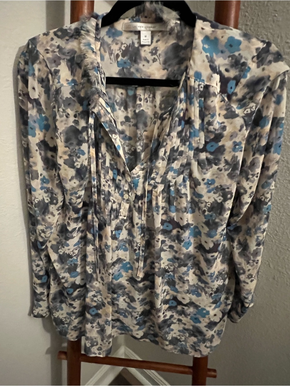 Lauren Conrad Floral Tie-Neck Blouse in Blue and Gray